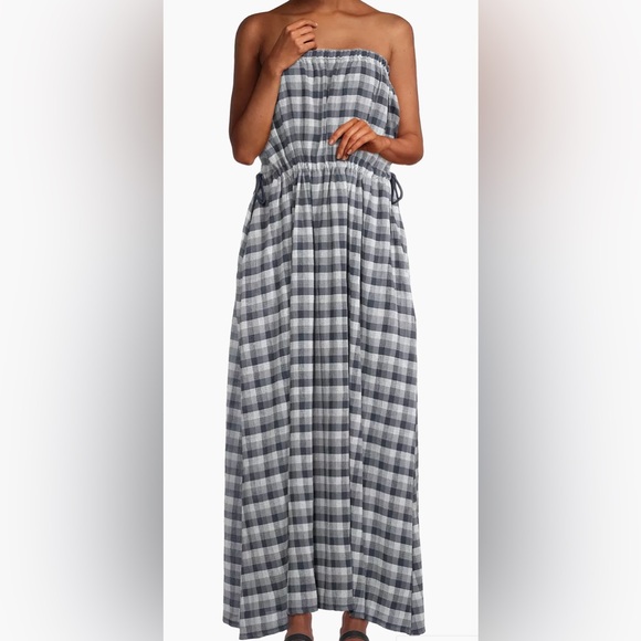 Emporio Armani Strapless Gingham Maxi Dress NWOT EU 44 US 10-12 Navy Blue/White - Picture 4 of 11